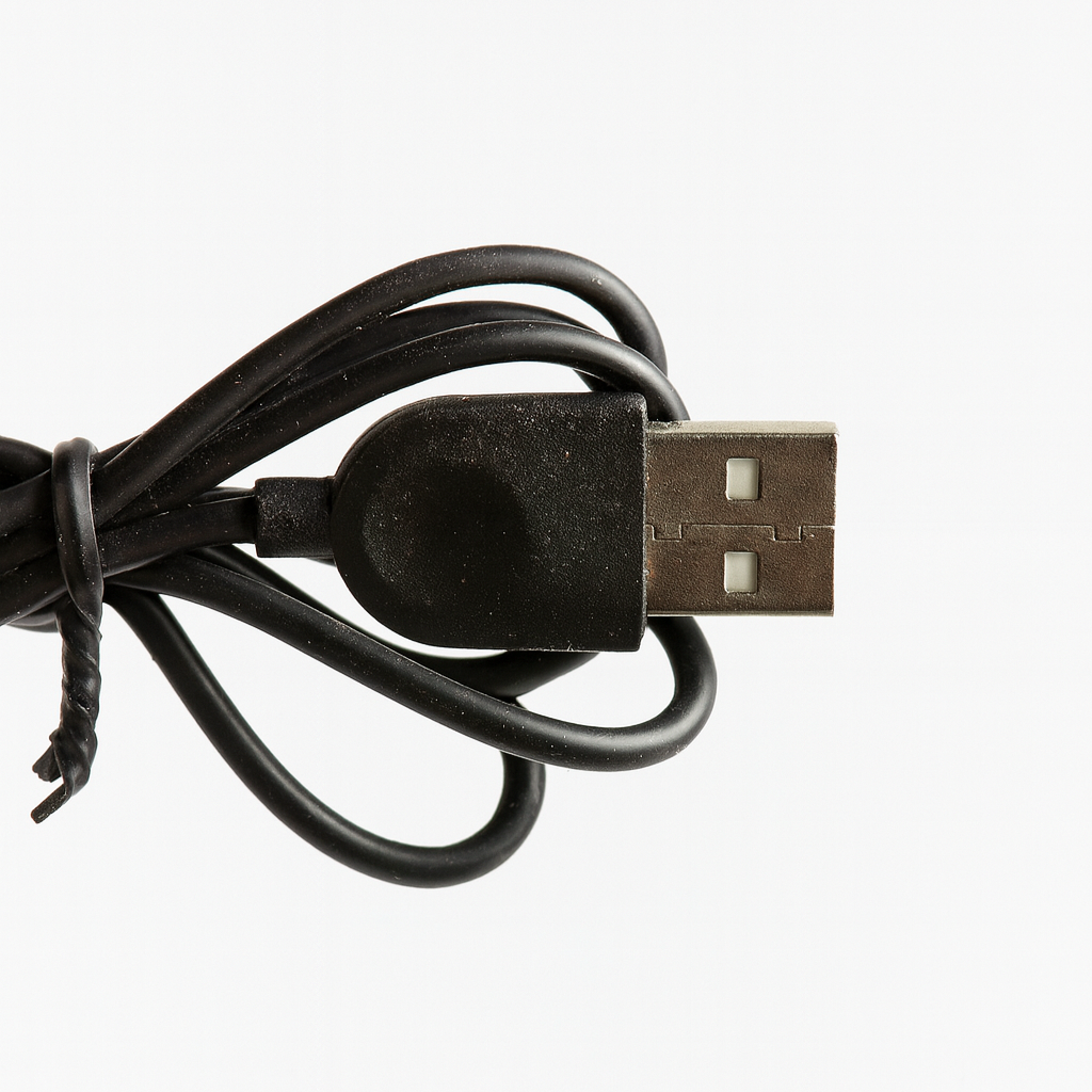 Black USB cable on a white background