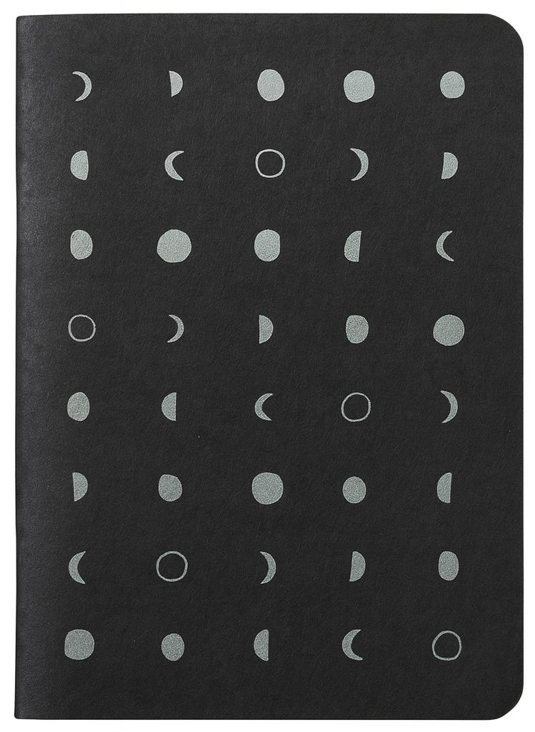 Black notebook with white moon phase pattern