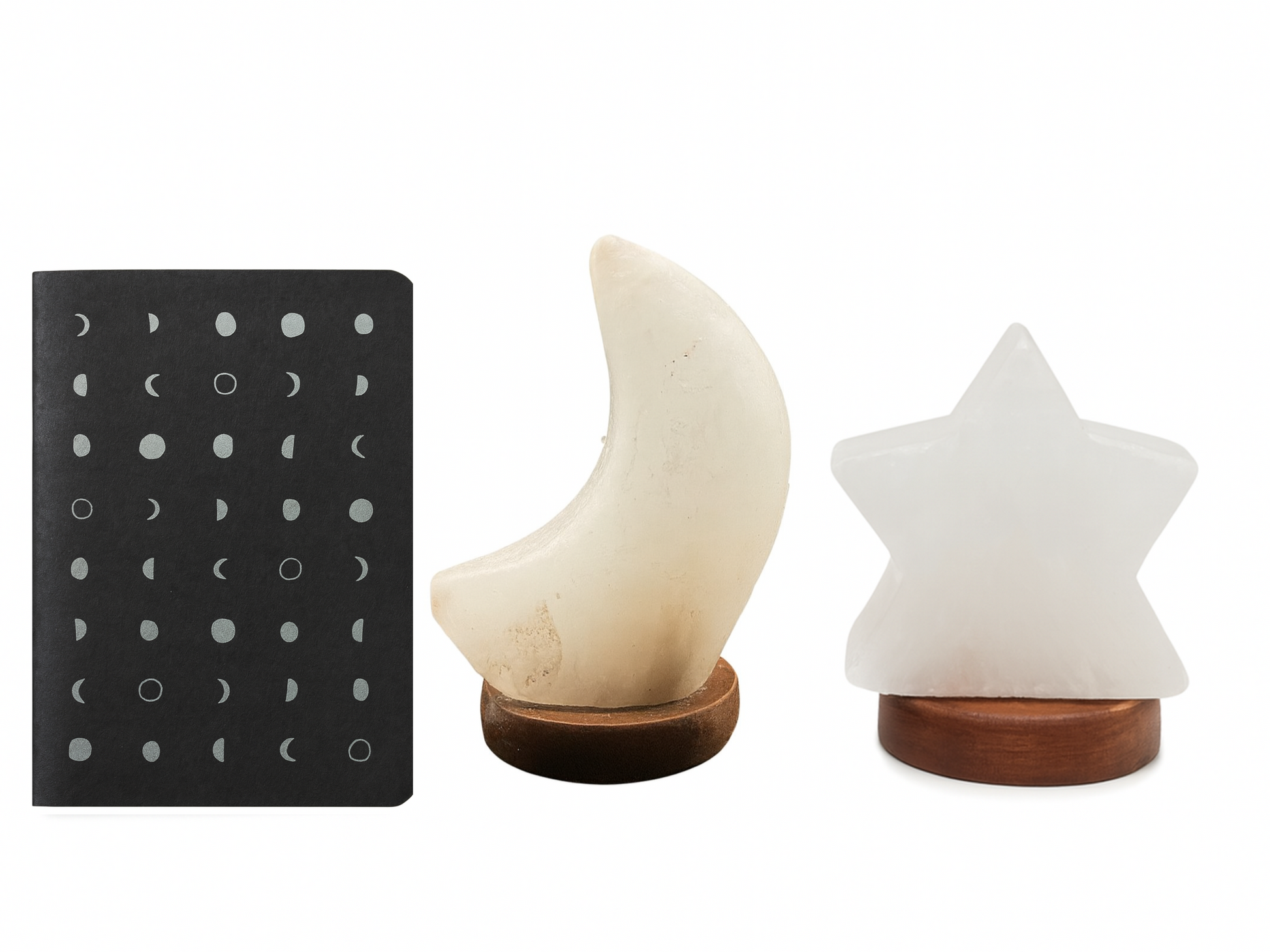 Decorative items including a black card with moon phases, a crescent moon-shaped lamp, and a star-shaped lamp on a white background.