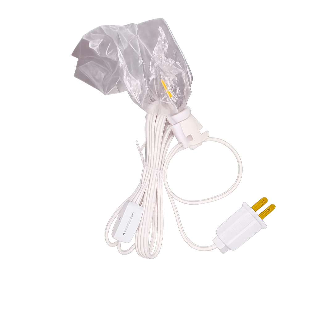 White electronic device with cable and plug on a white background