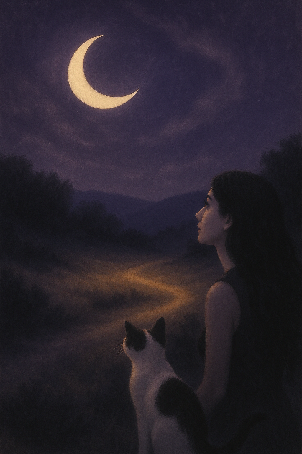 Woman and cat gazing at a crescent moon in a dark landscape