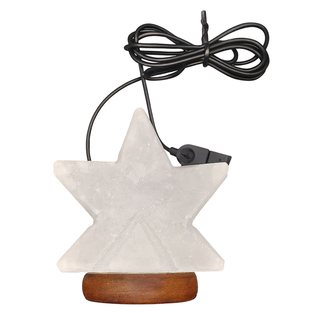 Star-shaped lamp with wooden base and white stone top on a white background